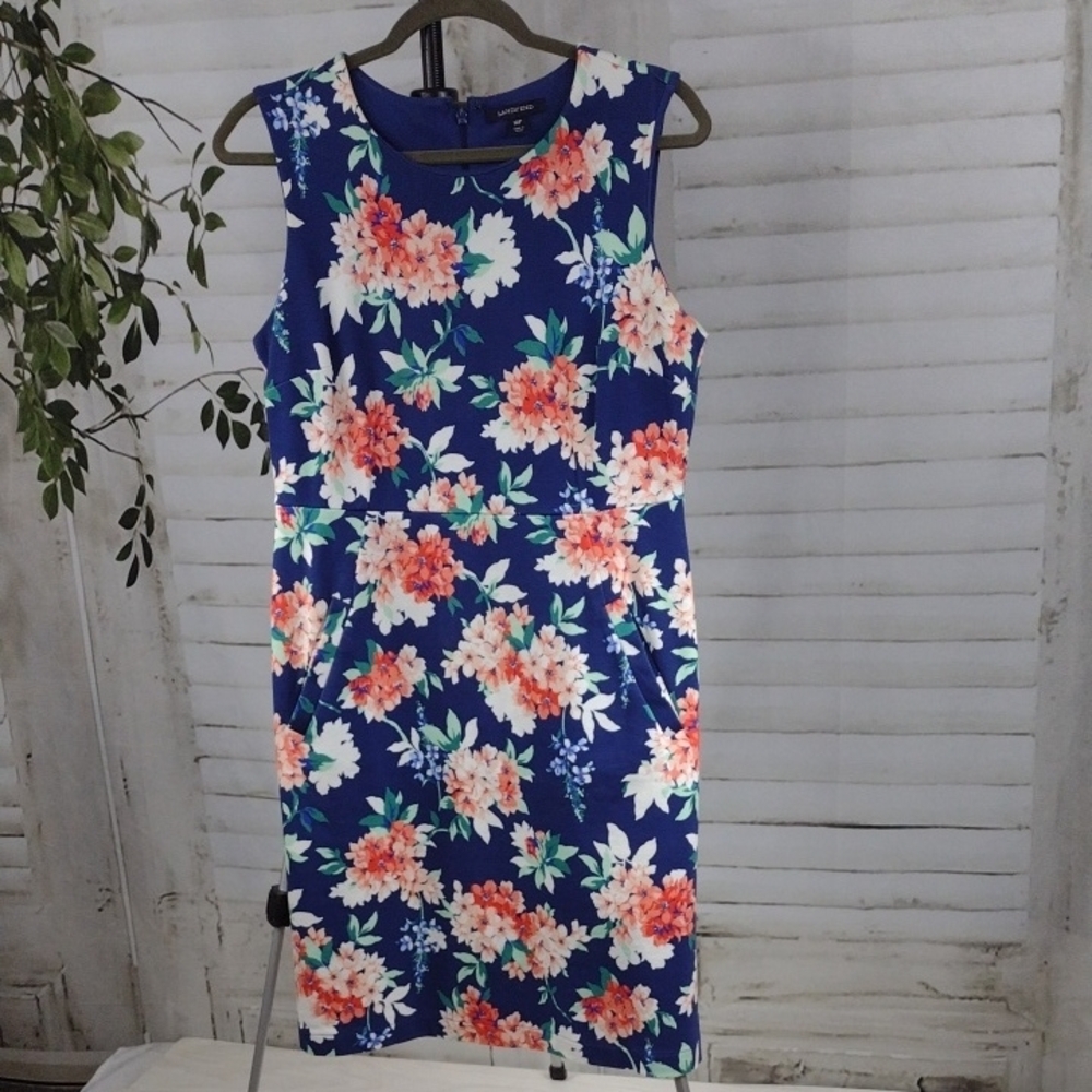 Lands' End Navy Floral Sheath Midi Dress Sleeveless Scoop Neck Size 10P